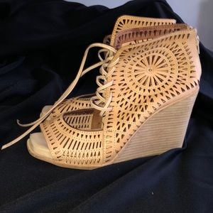 Jeffery Campbell WORN Tan Lace Wedge Sandals 10